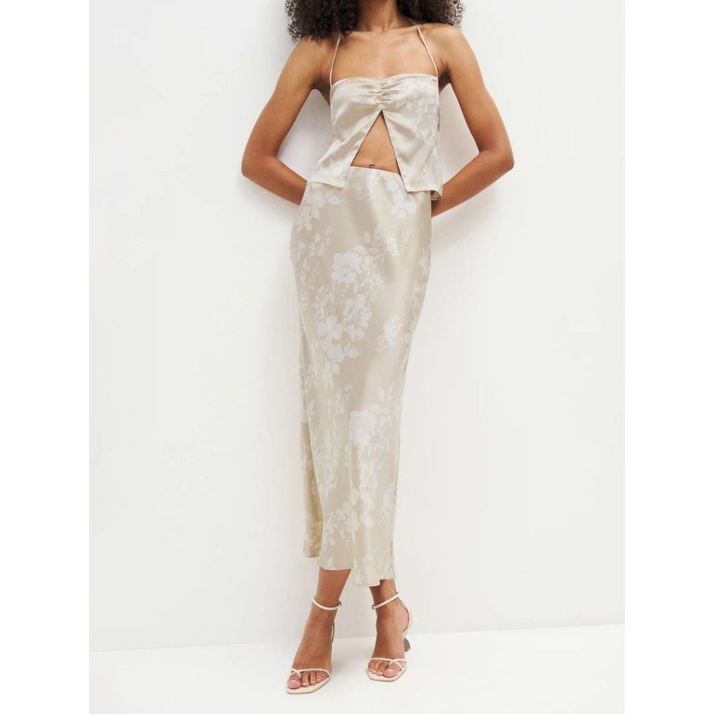 NWOT Reformation Beba Silk Two Piece in Sable Ivory Cream Champagne Halter